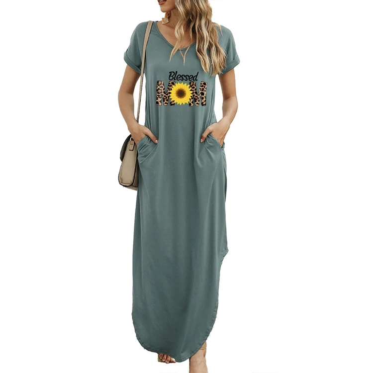 

Summer Casual Vintage Solid Color With Sunflower Printing Plus Size Summer Maxi Dresses