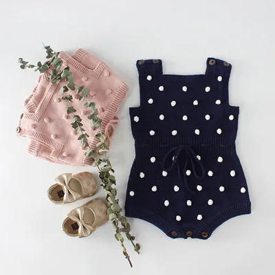 

Factory ins handmade colored hair balls baby infant knitting jumpsuit baby cotton knitted romper