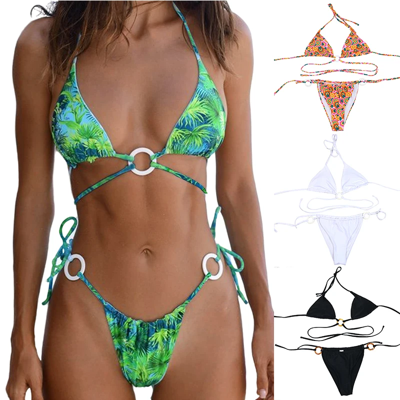 

Patchwork Color Printed Sexy Swimsuit 2 Piece Set Ring Connected Thong Bikini Women Swimsuit Bathing Suits Swimwear