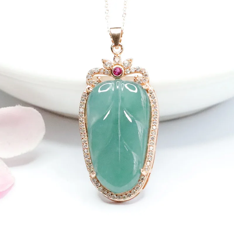 

S925 Silver Inlay Natural Emerald Ice Blue Water Leaf Pendant Jade Jewelry Live Delivery 2051212