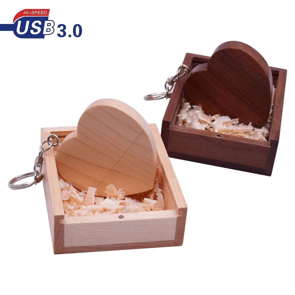 

Wooden heart shape wedding USB Flash memory sticks pen Drive with custom Wood box for valentine's day wedding gifts promotions