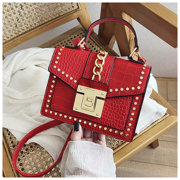 

2020 New arrival korea style square hot sell stone pattern pu leather chain shoulder bags women handbags purses with lock, 4colors