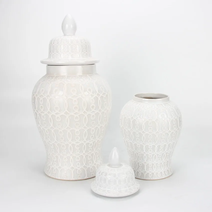 J101 Wholesale White Wedding Decor Jar Sets Hot Sale Tall Ceramic Lace