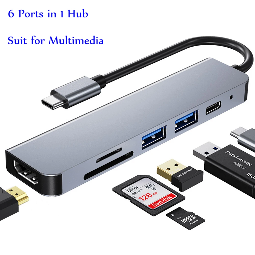 

High Quality 6 In1 Multiport Usb C Hub To Hdmi-compatible Adapter Type C To Usb 3.0 Sd Tf Card Reader Adapter Usb Hub For Laptop