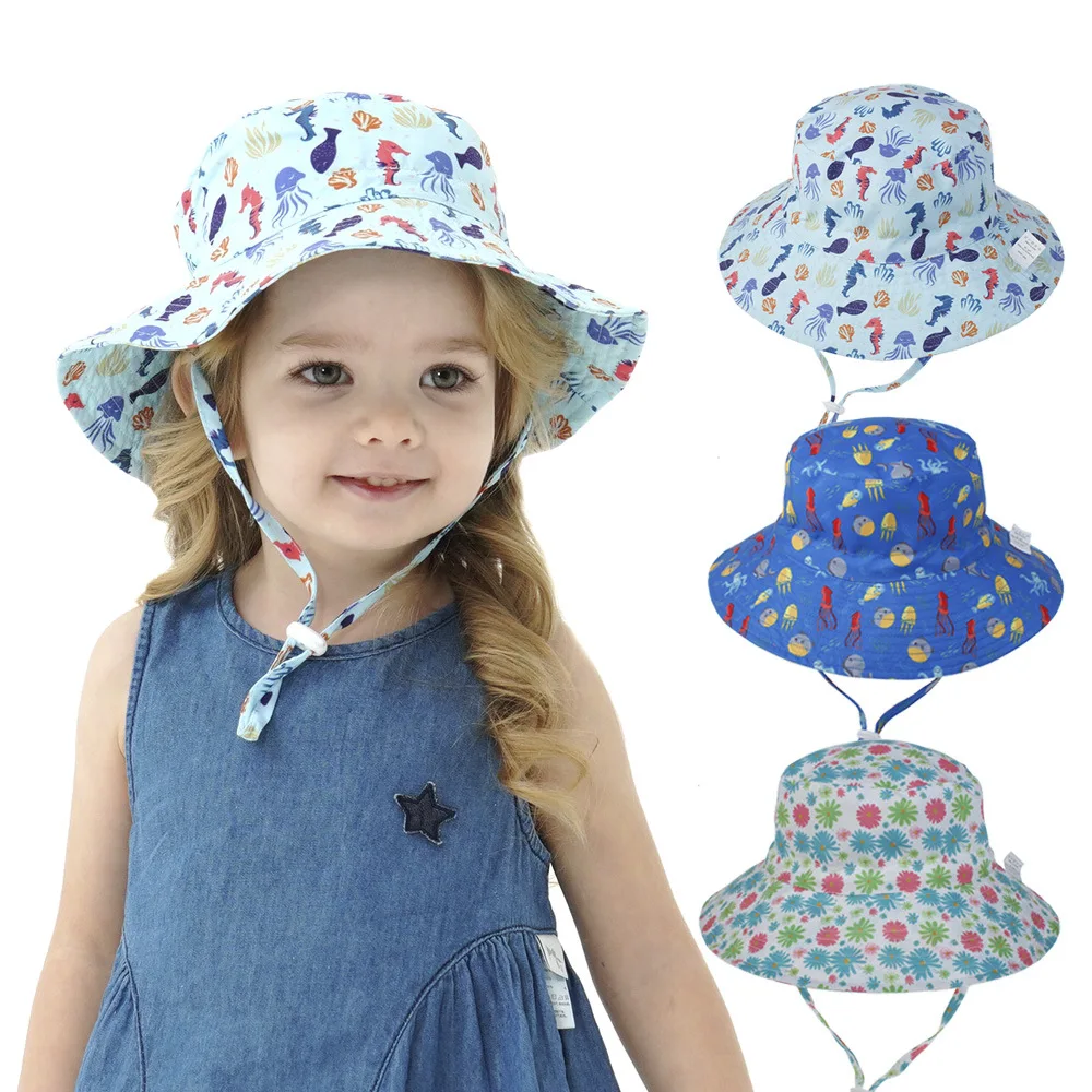 

Kid Hats Adjustable Baby Kids Sun Hat UV Protection Summer Sunshade Kids Bucket Hats with String