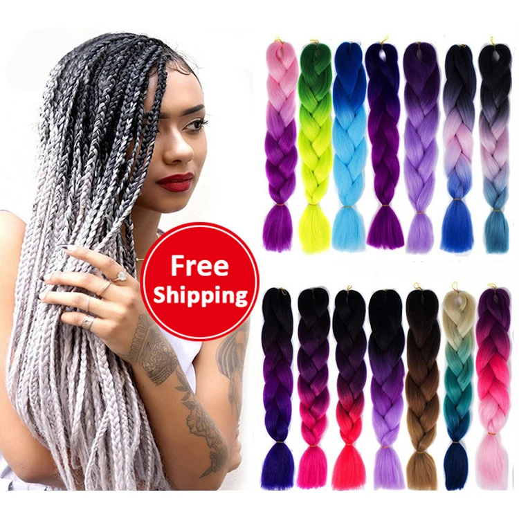 

Free shipping high quality 24in ombre braiding hair raw material soft jumbo long wine braids purple red synthetic braiding hair