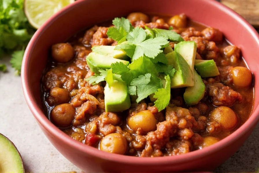 Finished pork chili verde served in bowl with traditional toppings like avocado and cilantro