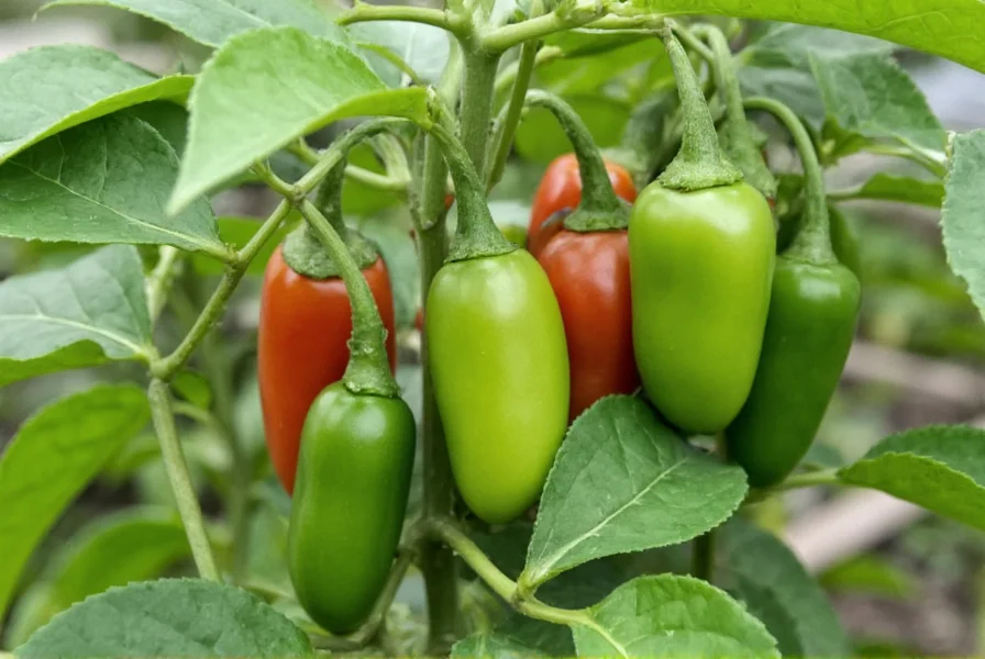 Jalapeno pepper plant growing in a garden with multiple peppers at different stages of ripeness from green to red