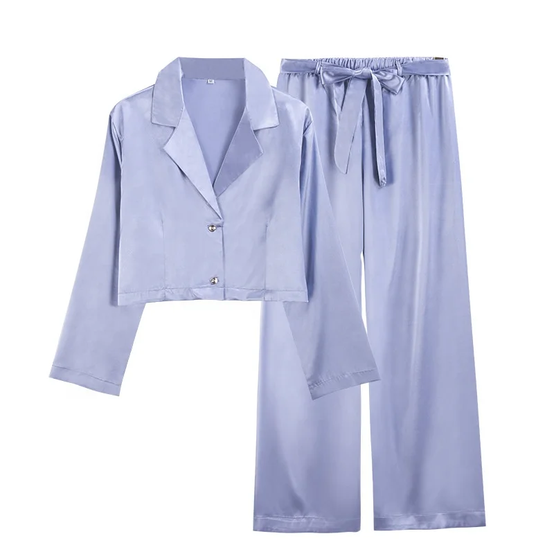 

OEM Night Wear Sleepwear Women Satin Pajama Set women clothing crop top and wide leg pant 2 piece set