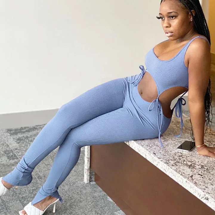 

X01122C bandage crop top+leggings two piece set women solid sleeveless elastic hight skinny female outfit fashion slim, Black