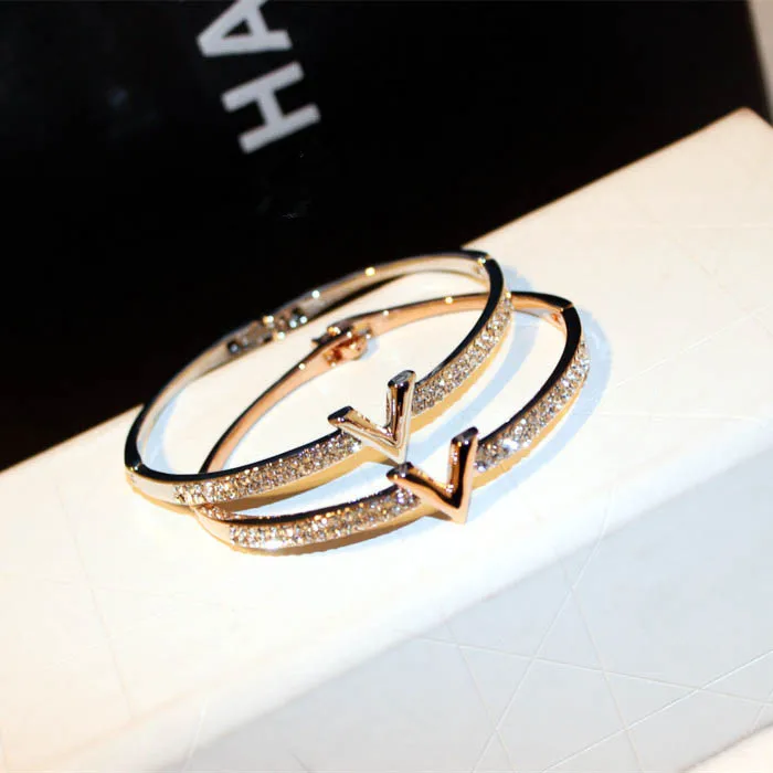 

Famous branded inspired designer bangle letter V shining zircon bangle bracelet for women gold plated jewelry