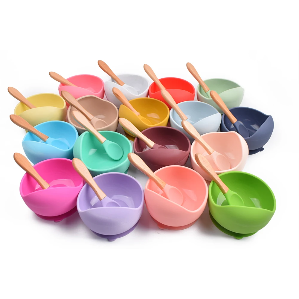 

BPA Free Slip Resistant Funny Toddler Infant Kids Food Feeding Silicone Baby Suction Bowl With Wooden Handle Spoon