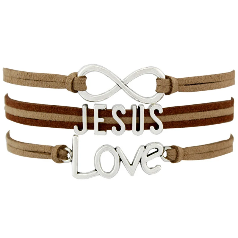 

Factory Infinity Love Faith Believe Fearless Courage Jesus Love Me Forgiven Sideways Cross Christian Leather Bracelets, Silver plated