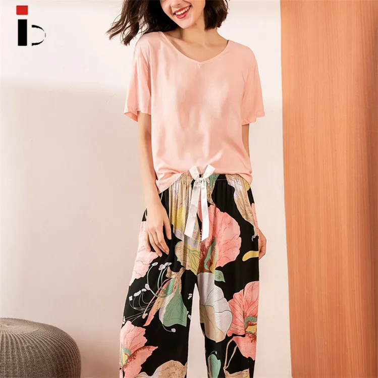 

New Summer Comfortable Color Contrast Pajama Pullover Short Sleeve Long Pants Multi Pattern Home Clothes Set, Can be custimized