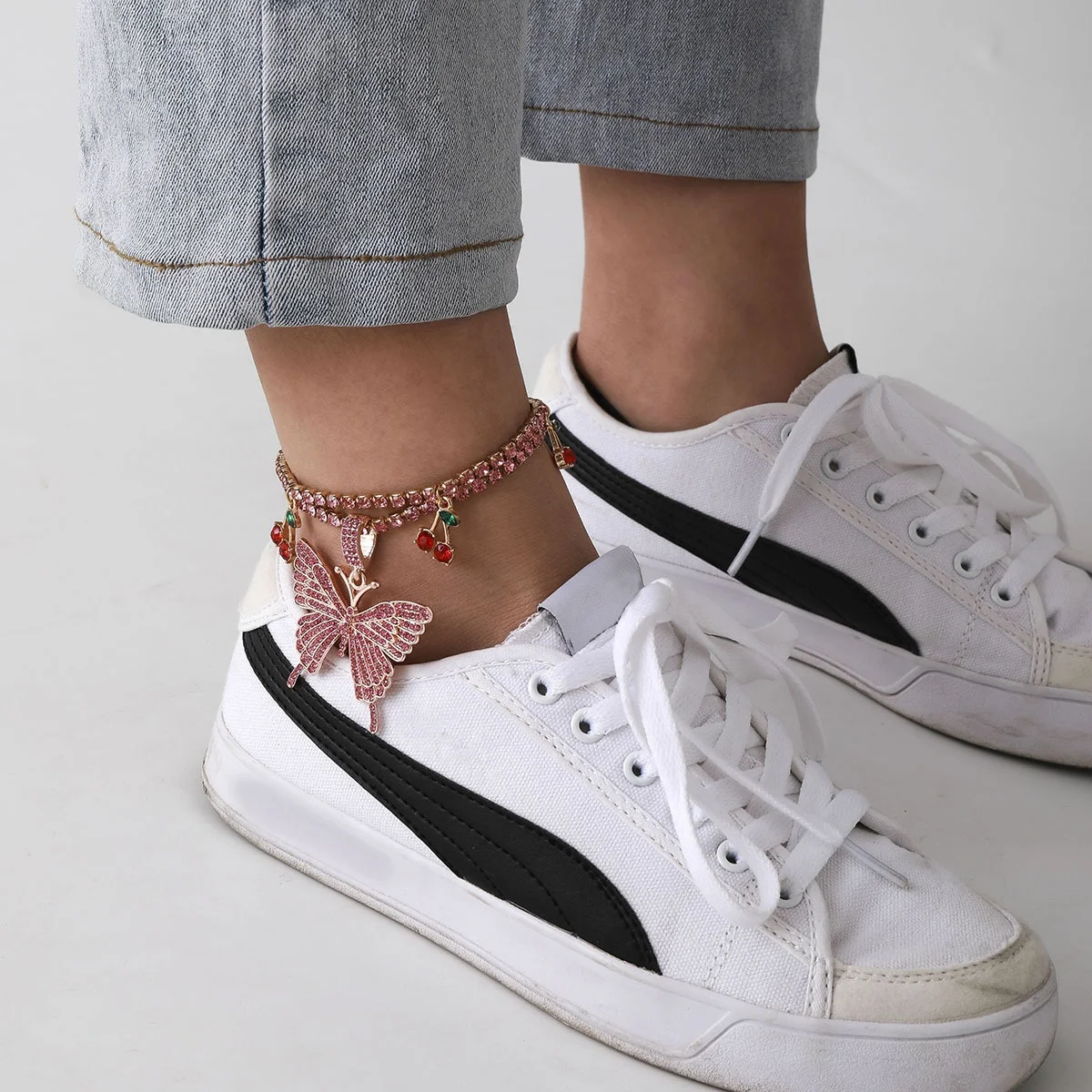 

New Crystal Tennis Chain Big Butterfly Anklet For Women Fashion Butterfly Charm Anklet Foot Chain Rhinestone Jewelry, Customized color