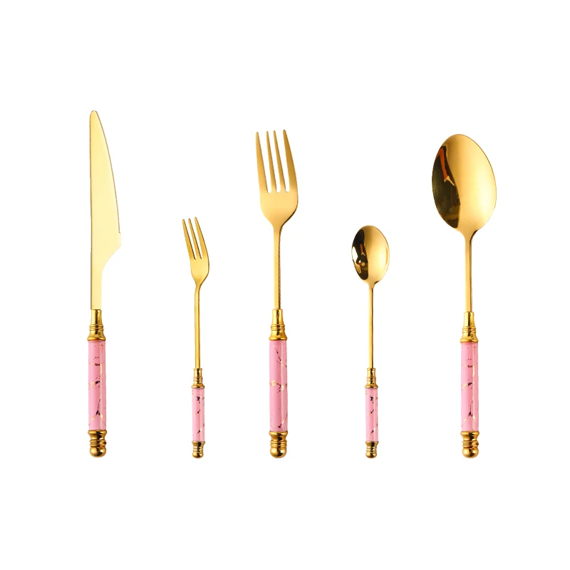 

Stainless Steel Plated Flatware Ceramic Golden Cutlery Cherry Blossom 5PCS Set for Restaurant