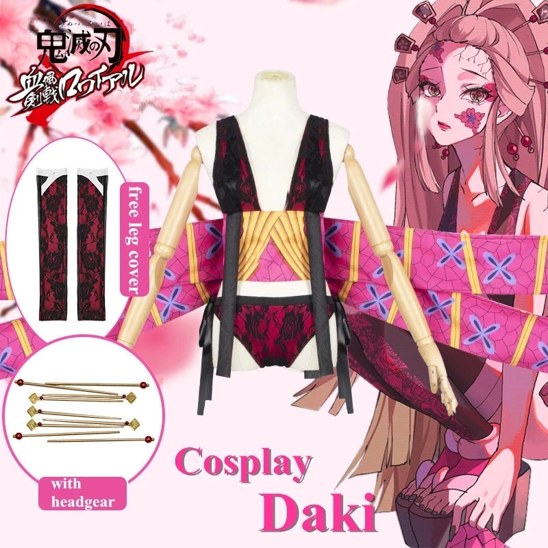 

Anime Demon Slayer Kimetsu no Yaiba Daki Battle Uniform Tops+pants+ribbon+hairpin*5 Cosplay Costume Halloween Suit Sexy Uniform, As show