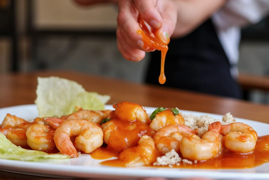 Chef preparing Thai dish with Mae Ploy Sweet Chili Sauce being drizzled over cooked shrimp