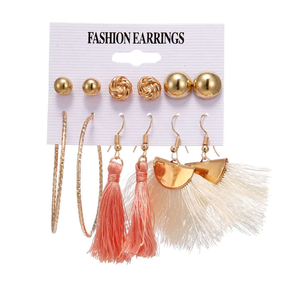 

ZHIYI 6 Pairs Fashion Simple Hoop Tiny Stud Earrings Young Ladies Girls Fan Shaped Cotton Bohemia Tassel Earring Set For Women, Color plated as shown