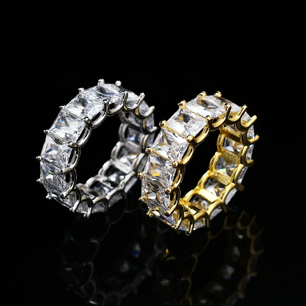 

New Fashion Square Zircon Ring Gold Plated Jewelry Iced Out Cubic Zirconia Rings Hip Hop Ring for Women Mens Jewelry, Gold, white gold