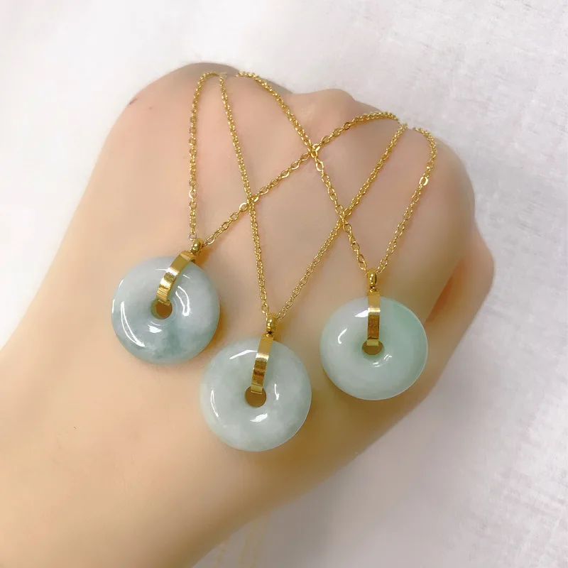 

High Quality Stainless Steel Chain Round Natural Jade Pendant Necklace Chinese Style Lucky Jewelry Jade Necklace, Picture shows