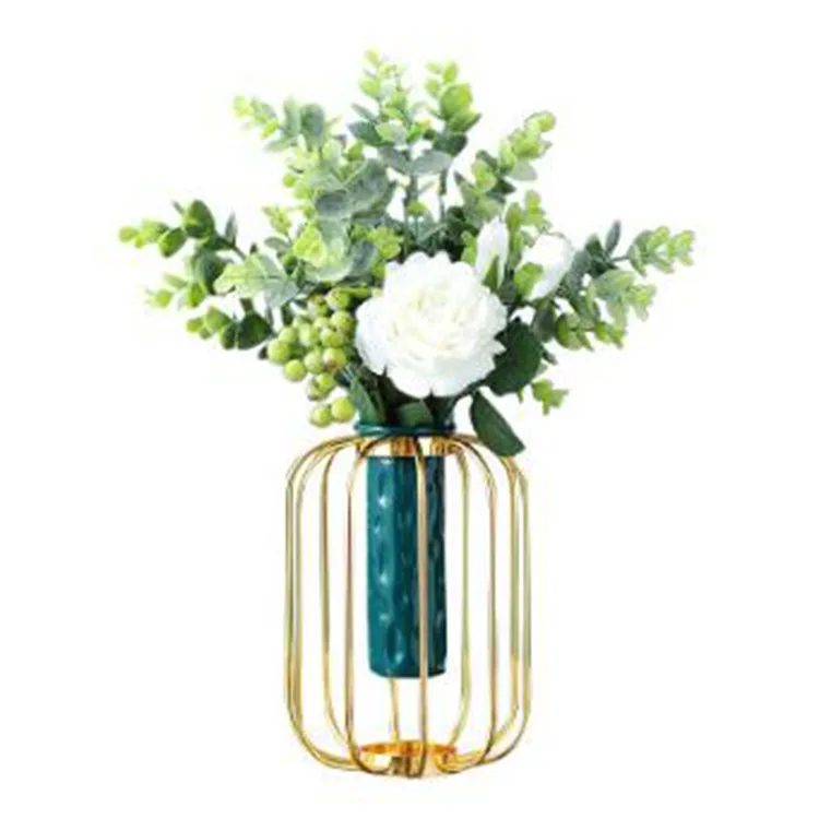 

Ceramic Flower Vase Porcelain With Metal Gold Stand Wedding Decoration, Gold/ green