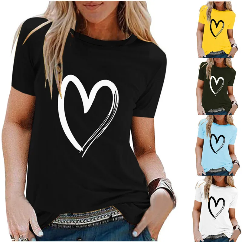 

Ladies Fashion 4 Color Simple Summer Top Heart O-Neck Women T Shirt, As shown