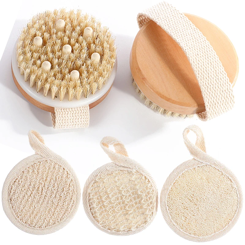 

Body Back Scrub Shower Brush Natural Bristles Cellulite Exfoliating Body Smoother Skin Bath Brush with face pad