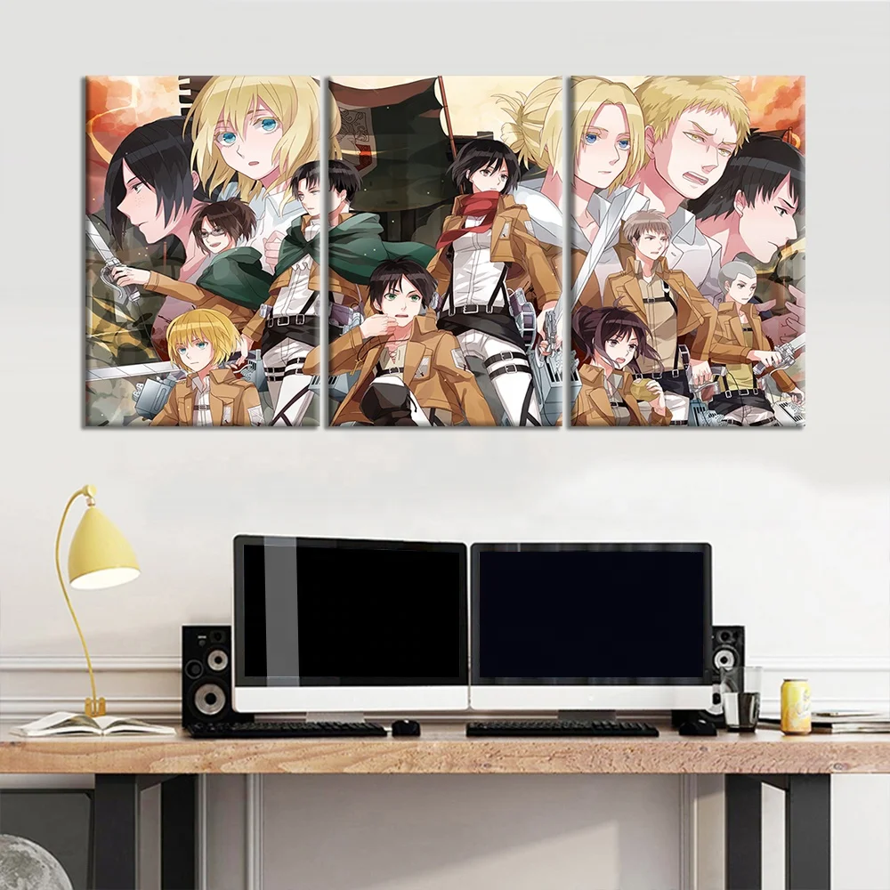 

3panels Anime Characters Collection Attack on Titan Poster Eren Levi Canvas Wall Painting Wall Art Room Decor Aesthetic, Multiple colours