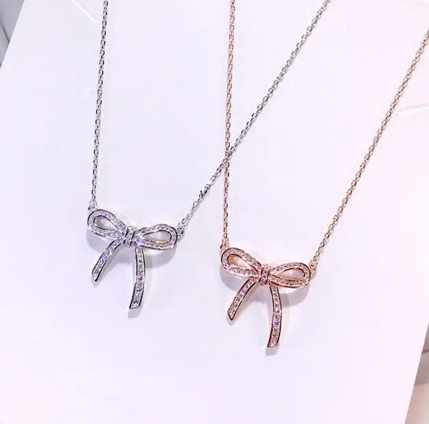 

hotsale 925 silver gold plated boutique bowknot diamond crystal necklace for girl