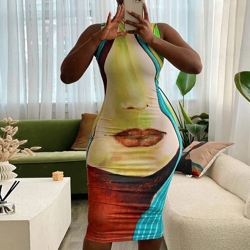 

CUTENOVA Y21DS477 Fashion Abstract Dress Sleeveless Graphic Print High Neck Bodycon Casual Streetwear Midi Dresses Women