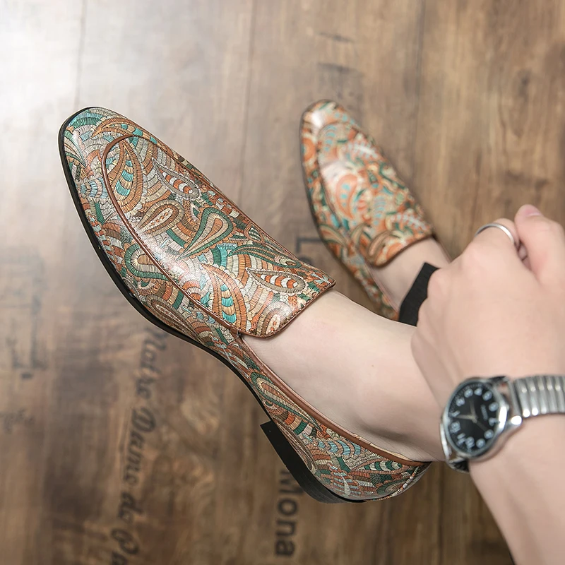 

1800A England style men print slip on leather dress shoes