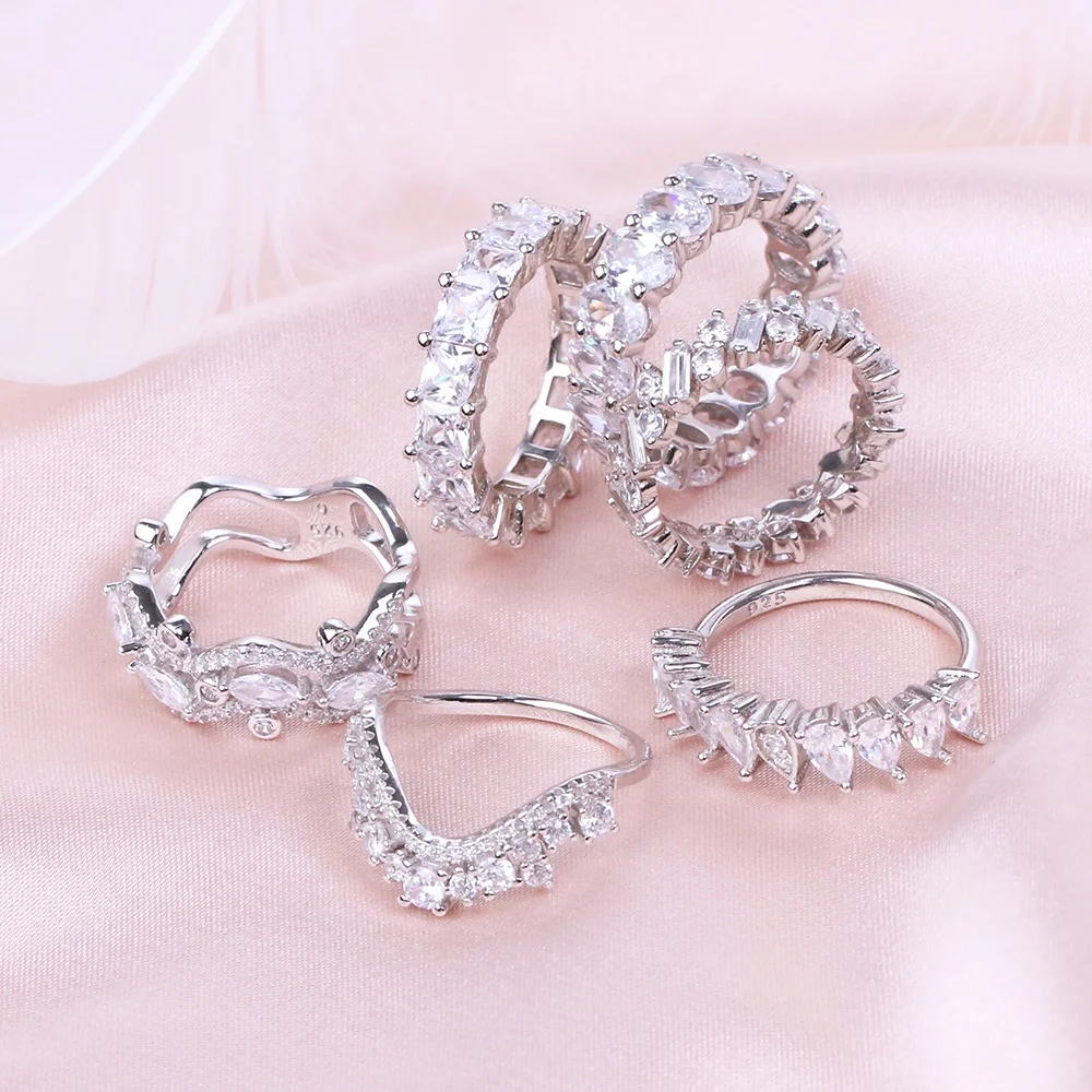 

2021 New fashion sterling silver 925 wedding engagement bling bling baguette diamond cz rings for women, Silver color