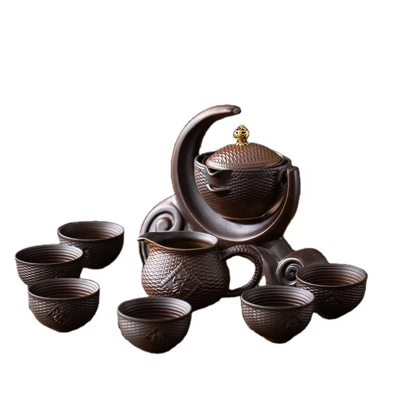 

Oriental Chinese style antique house rattan weaving vintage porcelain moon shape unique tea set ceramic