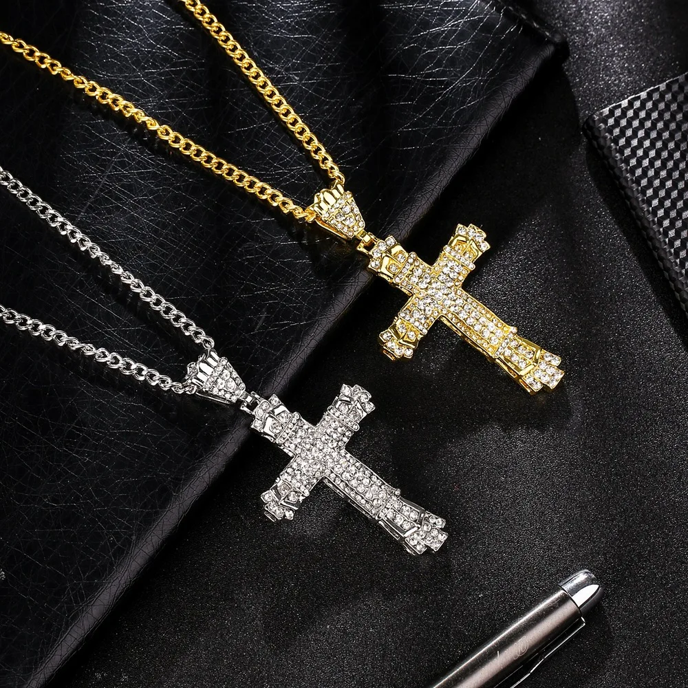 

Hot sale high quality hip hop fashion jewelry iced out gold plated mens diamond cross necklace, Gold/steel