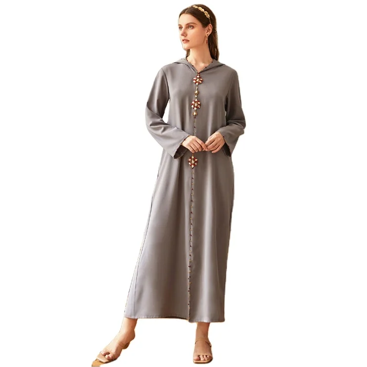 

New fashion hooded handmade women dress ladies muslim long robe, Gray