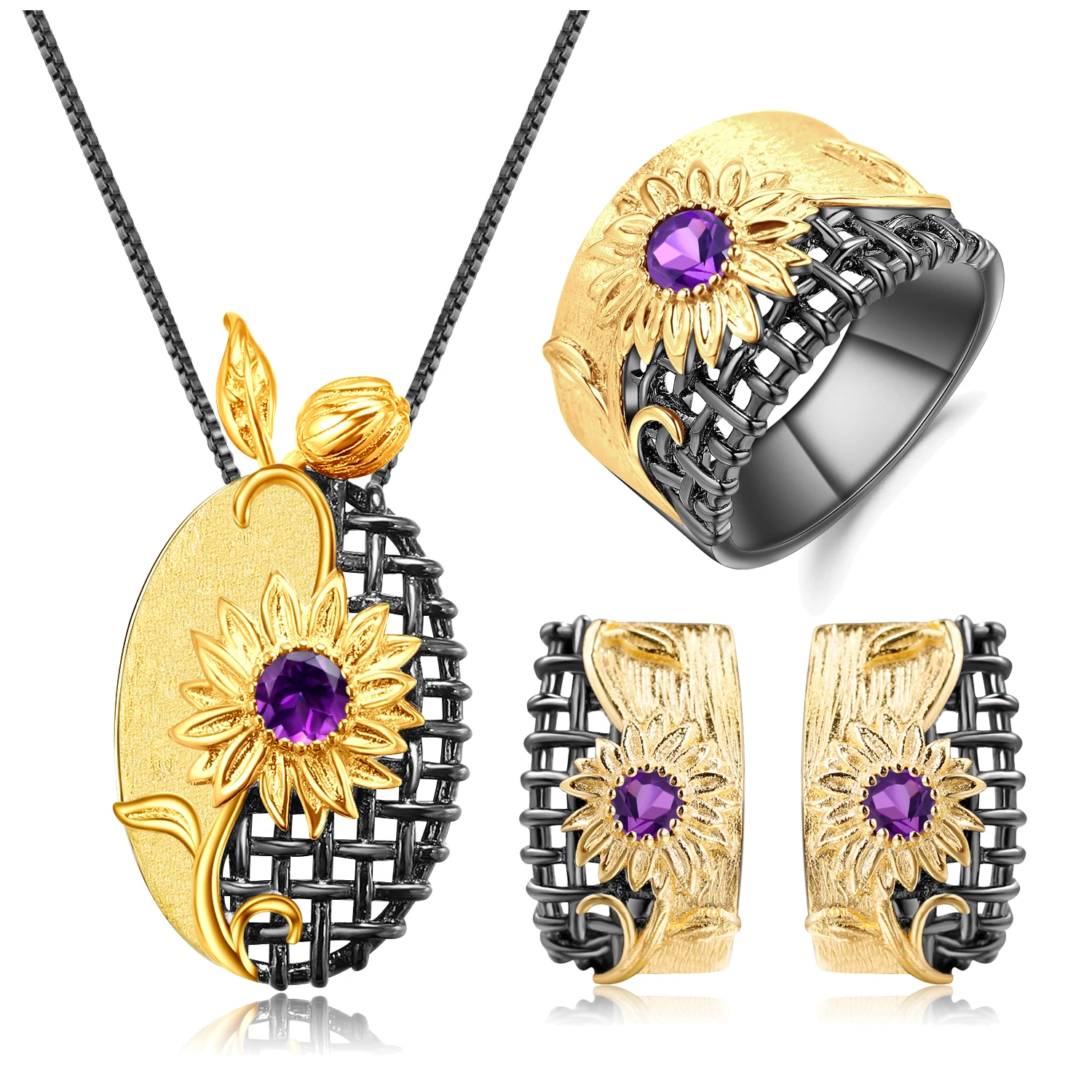 

C7872 Abiding Fine Jewelry Vintage Style Natural Amethyst 925 Sterling Silver Jewelry Sets For Woman Jewellery