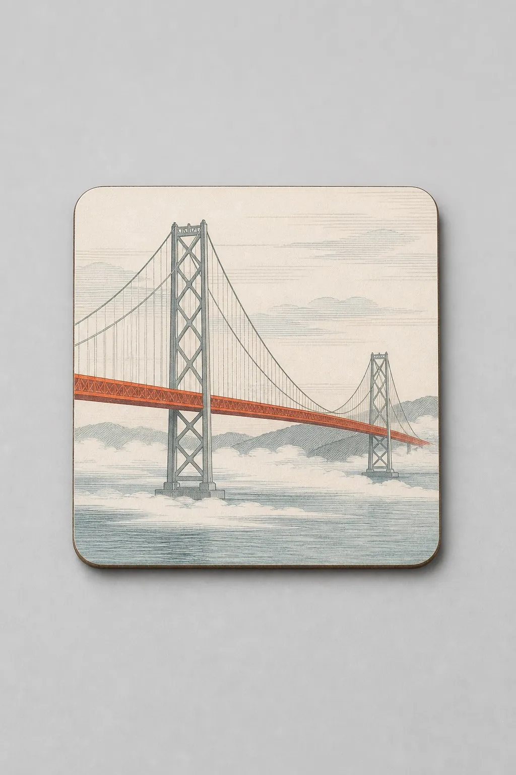 Suspension Bridge Coaster in Fog with Rust Red Deck