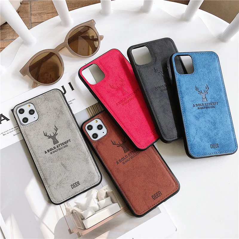 

Cloth Texture Deer Pattern PU Leather Back TPU Bumper Mobile Cover for iPhone 12 Pro Max Phone Cases for iPhone 11 6 7 8 Plus XS, Black,blue,gray,red,brown