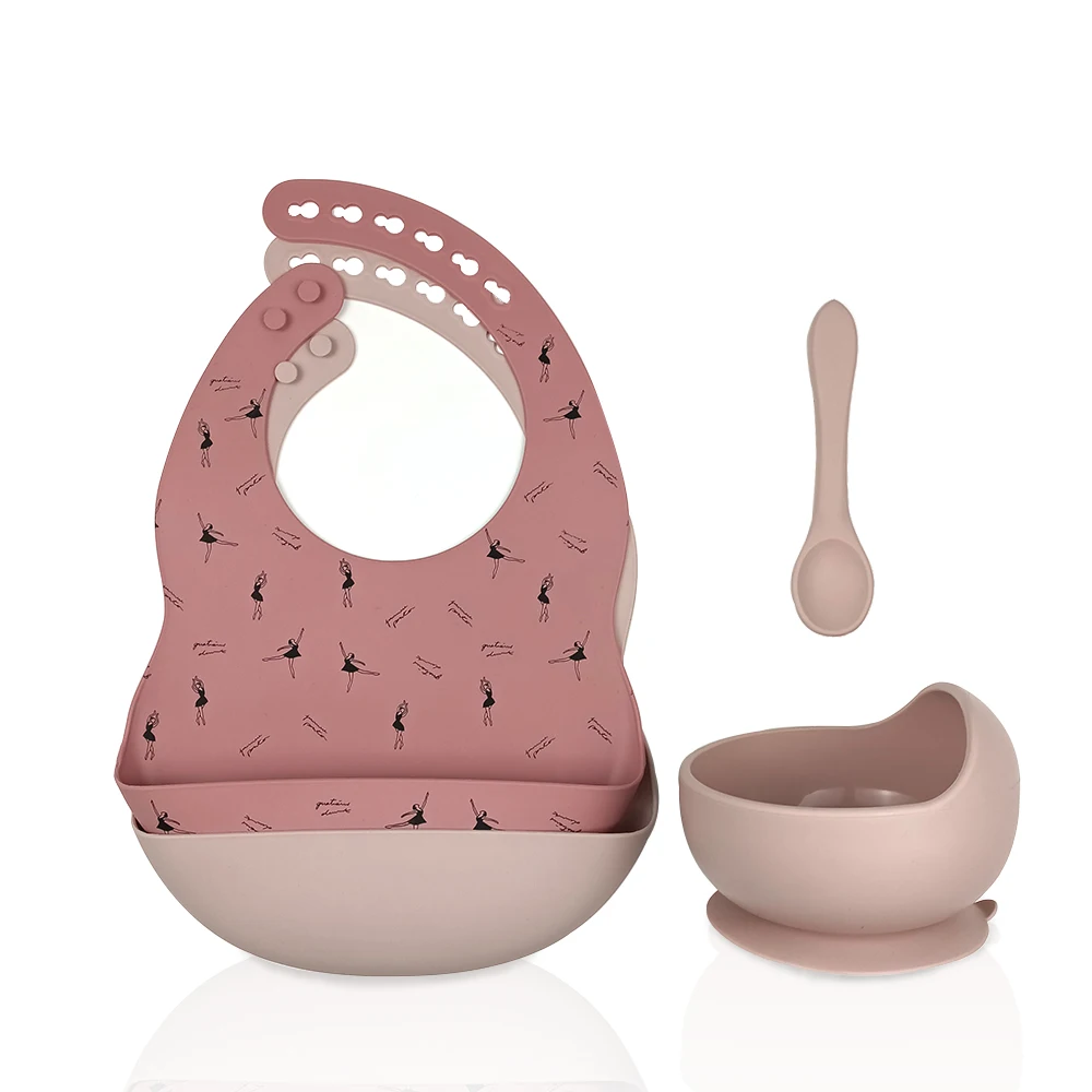 

Bib Silicone Bowl And Spoon With Bib Set With Customized Logo or Brand Food Grade Material Feeding Kit Baby Tableware, In stock color or customized color