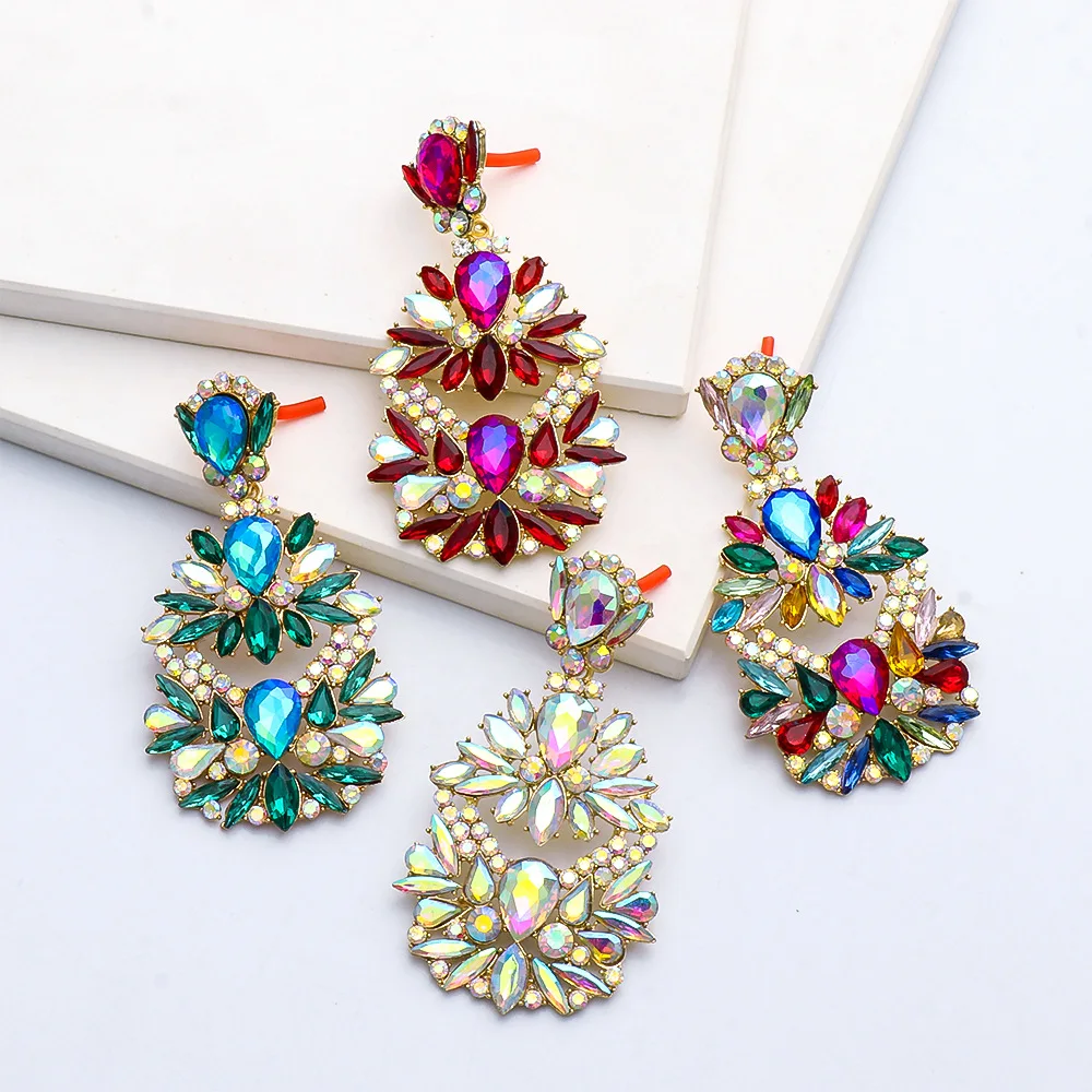 

New Arrival Colorful Diamond Statement Earrings Retro Real Gold Plated Crystal Rhinestone Flower Shaped Drop Earrings For Gift