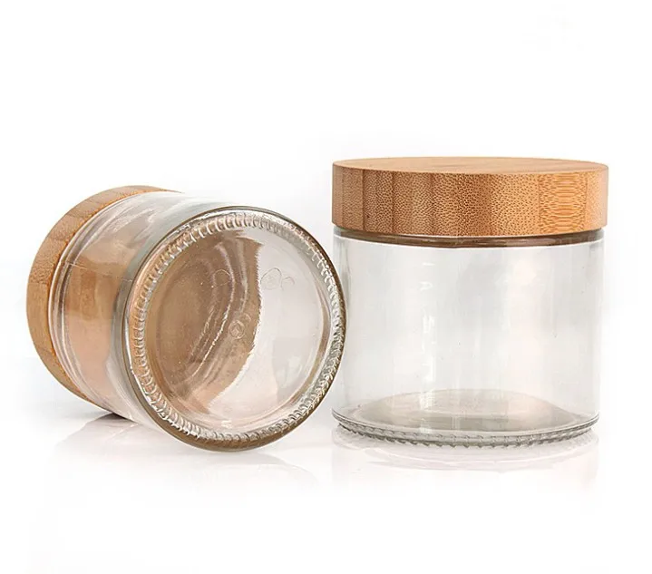 

Valentine gifts round glazen pot bocal en verre wide mouth 220ml bamboo storage clear glass candle jars with lid, Natural