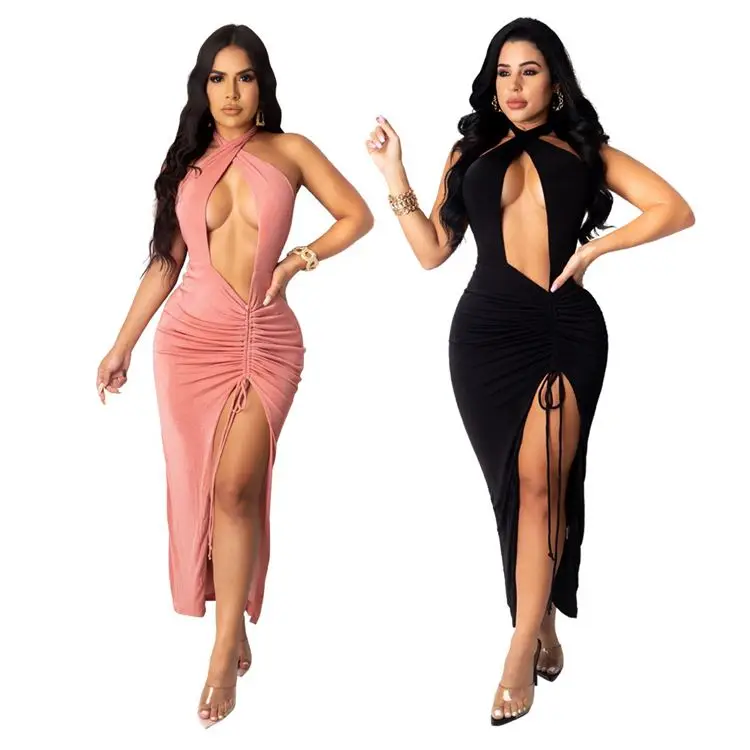 

2021 New Arrivals Womens Drawstring Long Deep V-Neck Hanging Neck Skirt Party Backless Sexy Split Dress