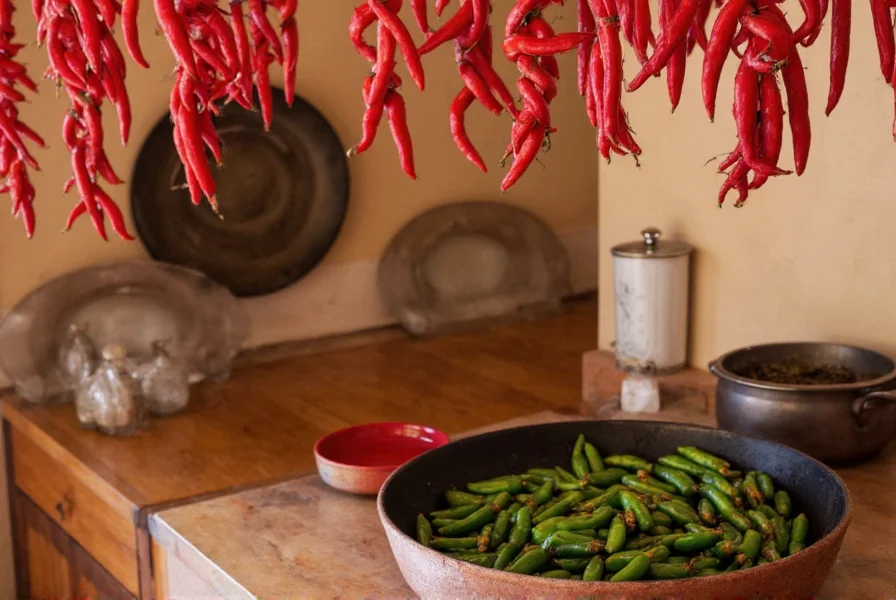 Traditional New Mexican kitchen with red chili ristras hanging and green chilies roasting on a comal