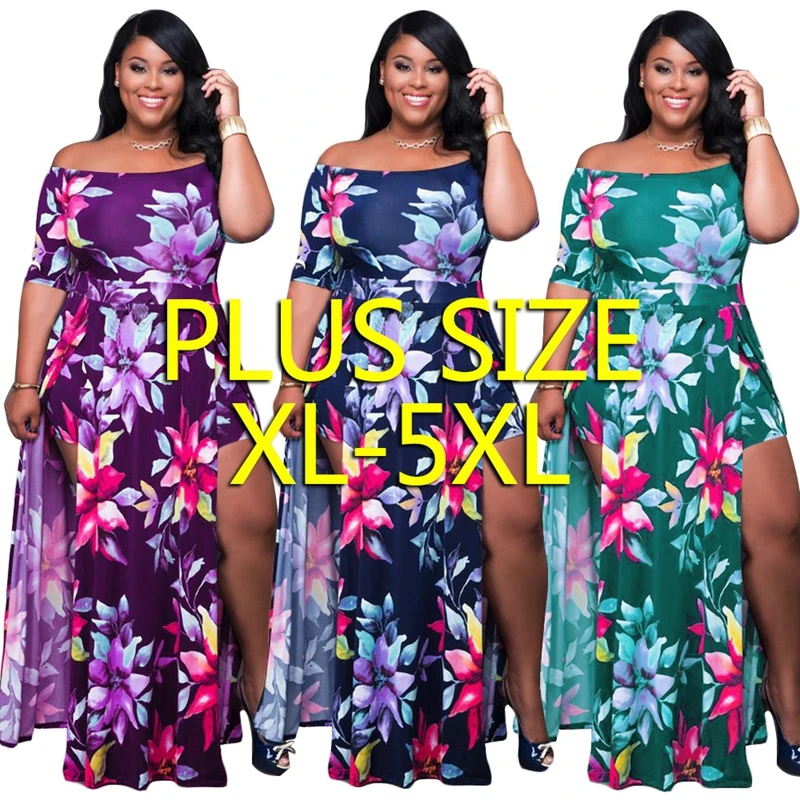 

Plus Size Women Clothing XL-5XL Summer Long Maxi Dress Short Sleeve Floral Print Night Club Party Bandage Street Dresses, Blue, green, pulple