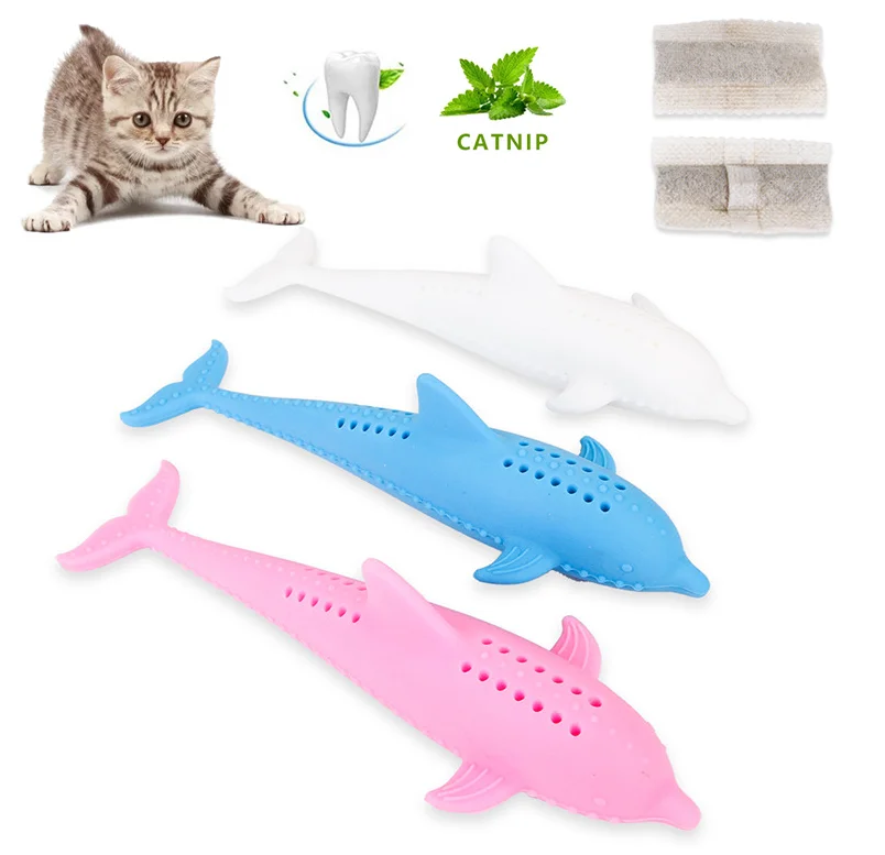 

Manufacturers Wholesale Fish-Shaped Teeth Cleaning Mint Silicone Molar Rod Toothbrush Pet Cat Toy, Pink, blue, white