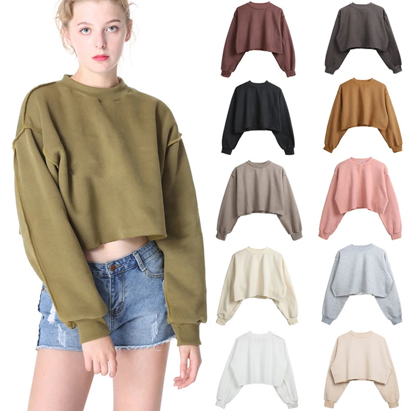 

2020 New Long Sleeve bulk Soild Cropped Top Hoodies For Women, 9 colors
