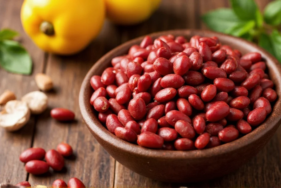 Close-up of red kidney beans in a bowl next to chili ingredients