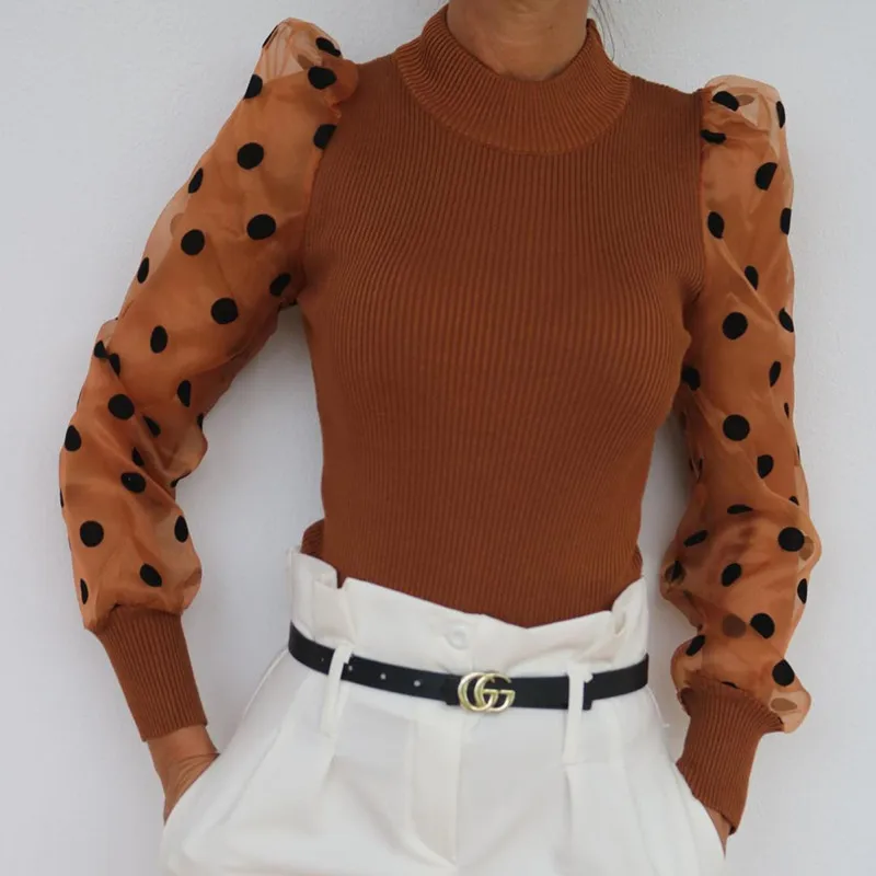 

Women Mesh Long Sleeve Splicing Sweater Tee Shirt Fashion Base Tops For Autumn Streetwear