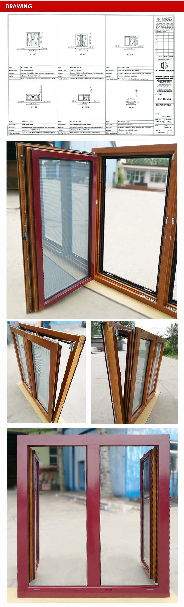 Boston traditional design soundproof recutagular shape aluminum cladding  wood windows